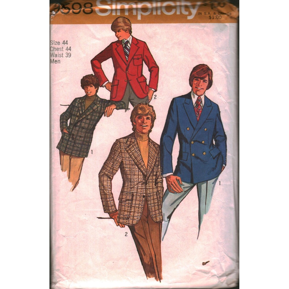 Vintage Simplicity 9598 Mens Teen Boys Fitted Jacket Blazer Sewing Pattern Sz 44
